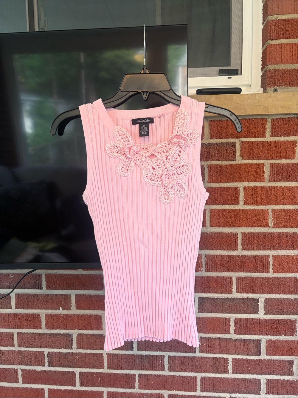 Dolce Cabo Pink Ribbed Tank with Crochet Floral Detail